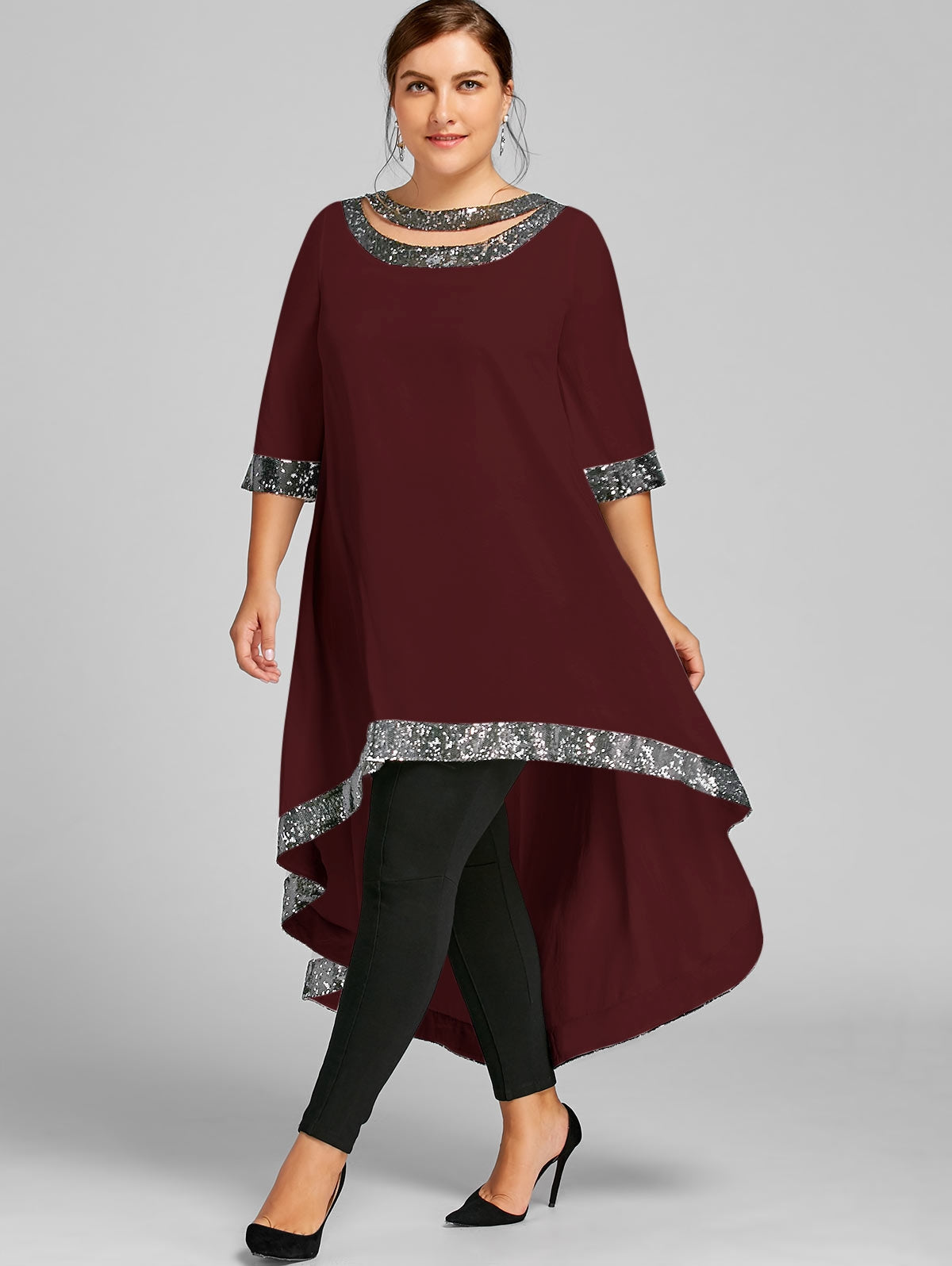 Sequined Trim Dip Hem Dress