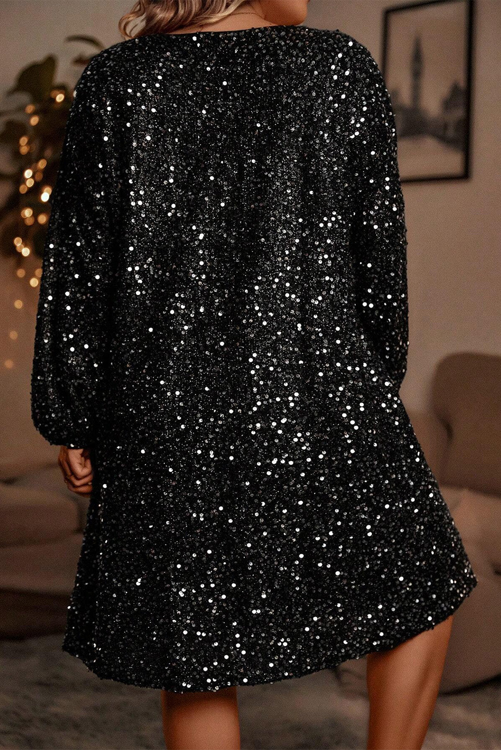 Bubble Sleeve V Neck Sequin Dress Plus