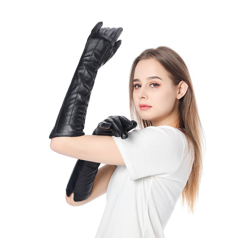 Women's winter long sheepskin leather gloves