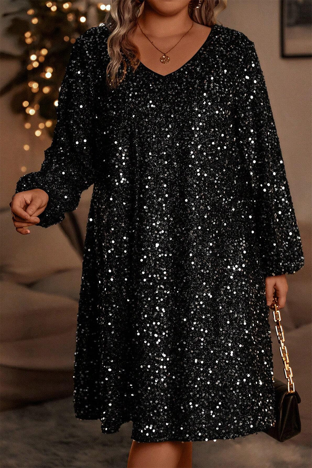 Bubble Sleeve V Neck Sequin Dress Plus