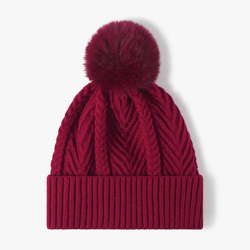 Money Honey Cable Knit Faux Fur Lined Pompom Hat