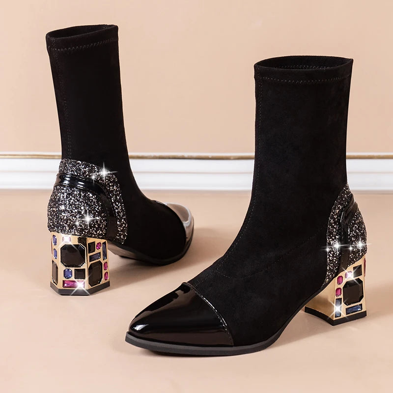 Rhinestone Heel Ankle Sock Boots