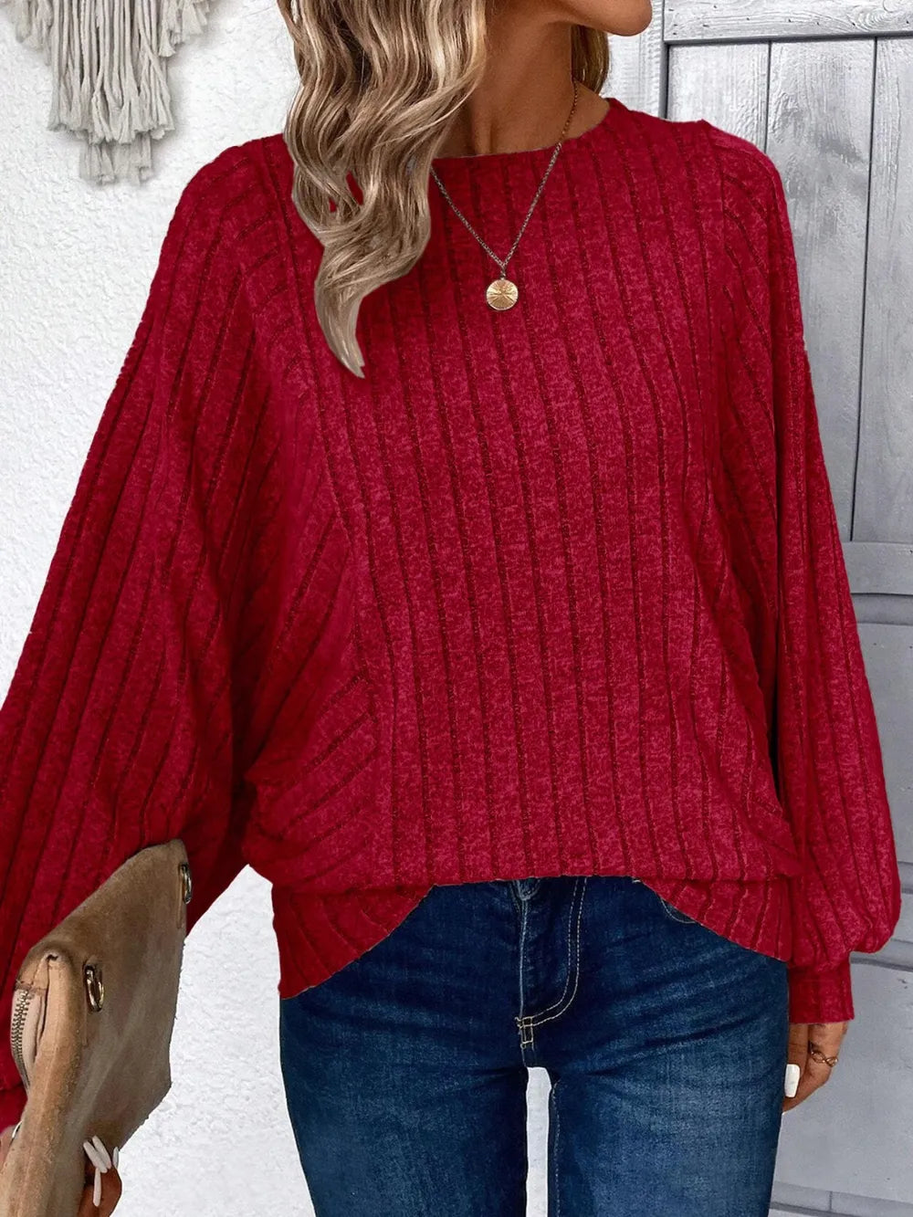Round Neck Batwing Sleeve Sweater
