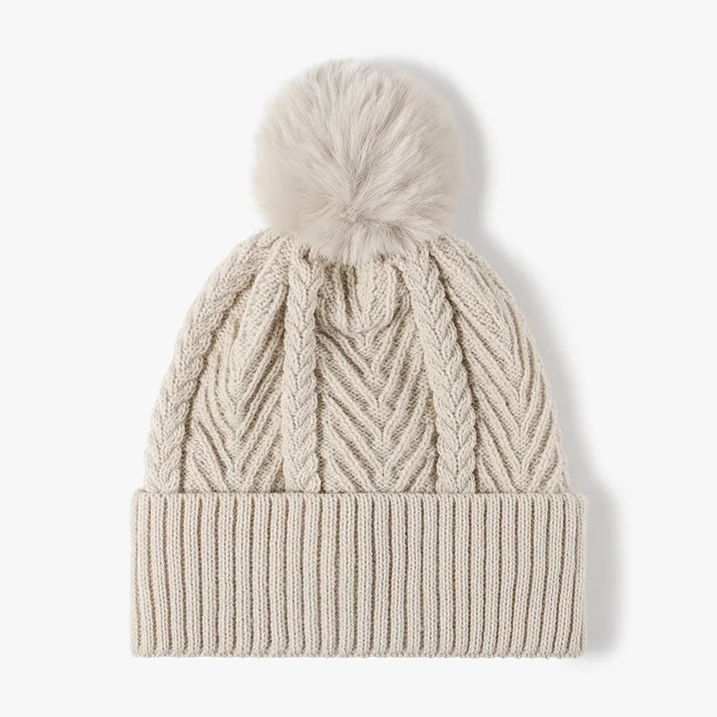 Money Honey Cable Knit Faux Fur Lined Pompom Hat
