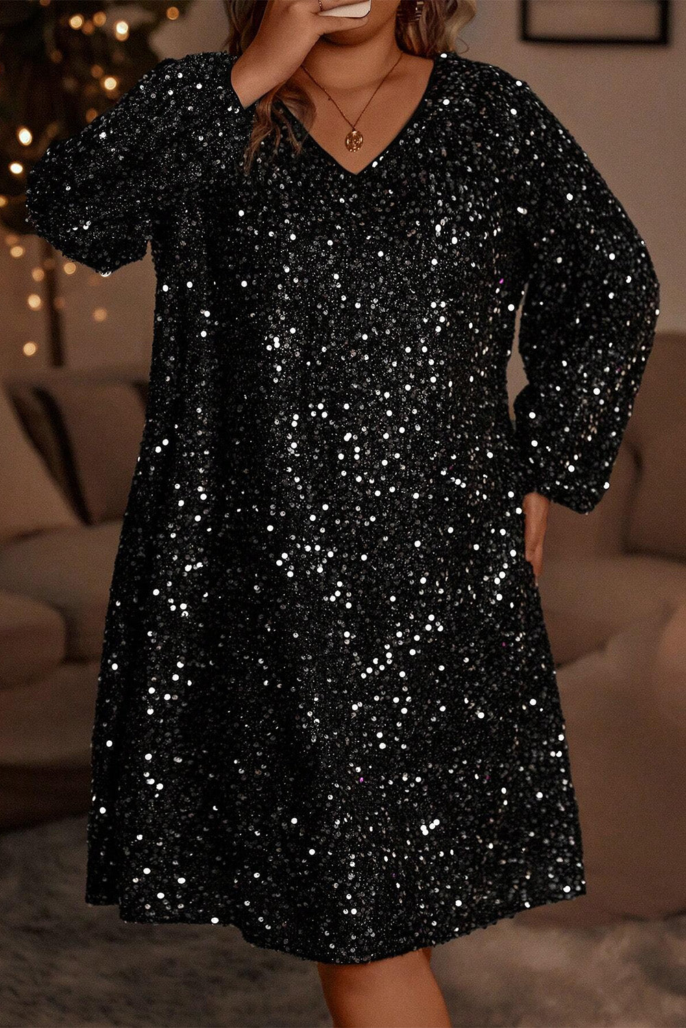 Bubble Sleeve V Neck Sequin Dress Plus