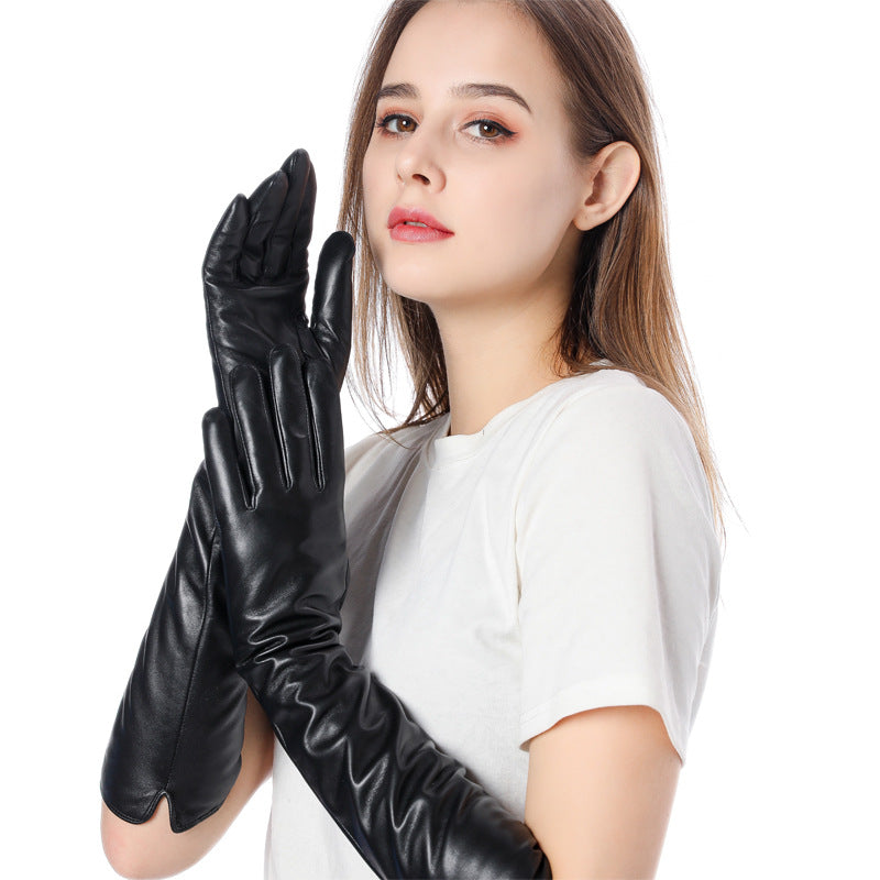 Women's winter long sheepskin leather gloves