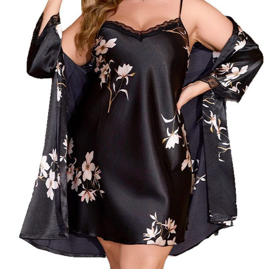 Black Floral Nightgown and Robe Set Plus Size