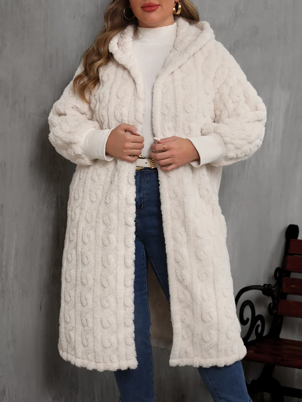 Open Front Hooded Plush Coat