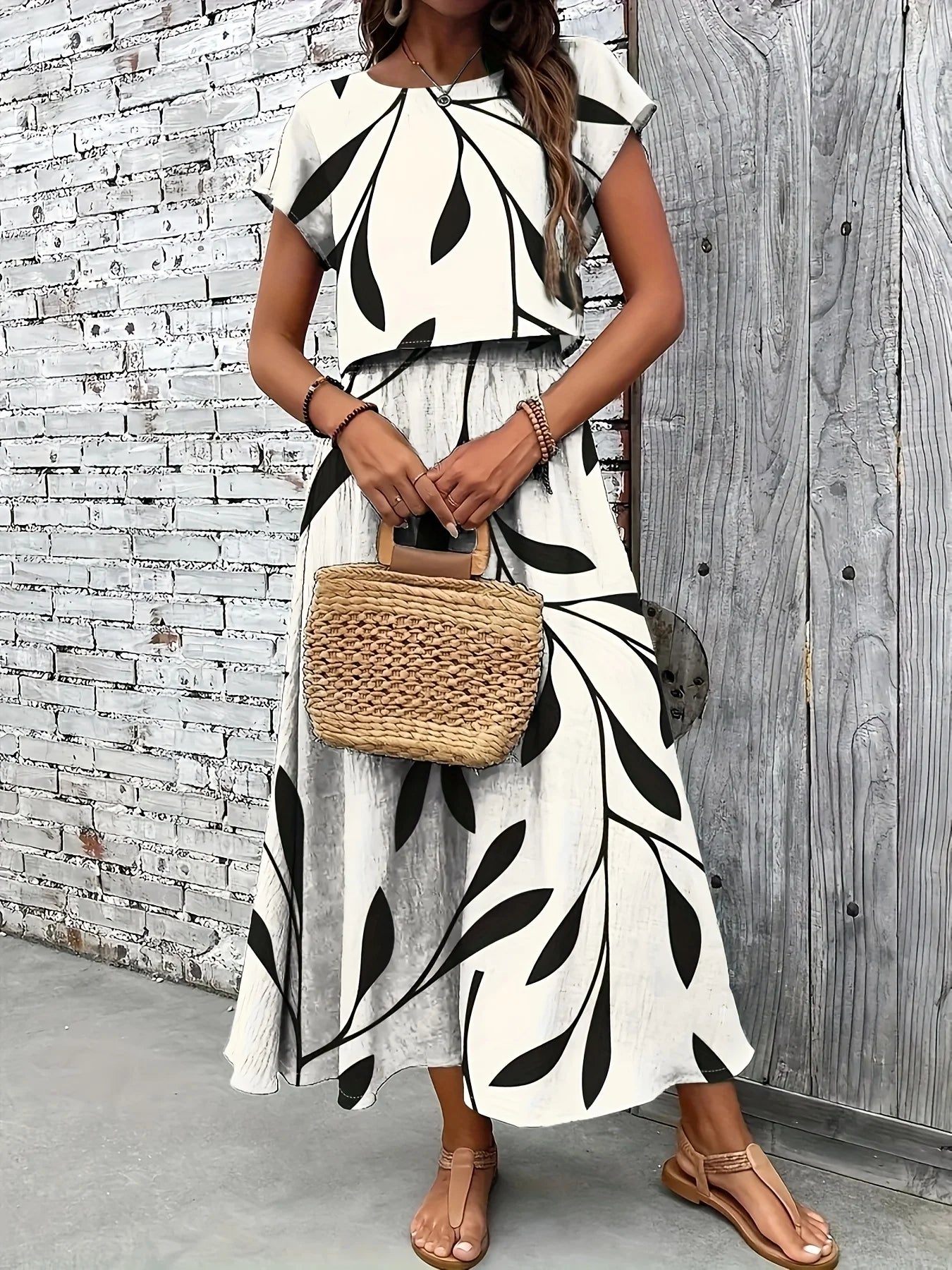 Black Leaf Print Short Sleeve Top + Maxi Skirt 2-Piece Set