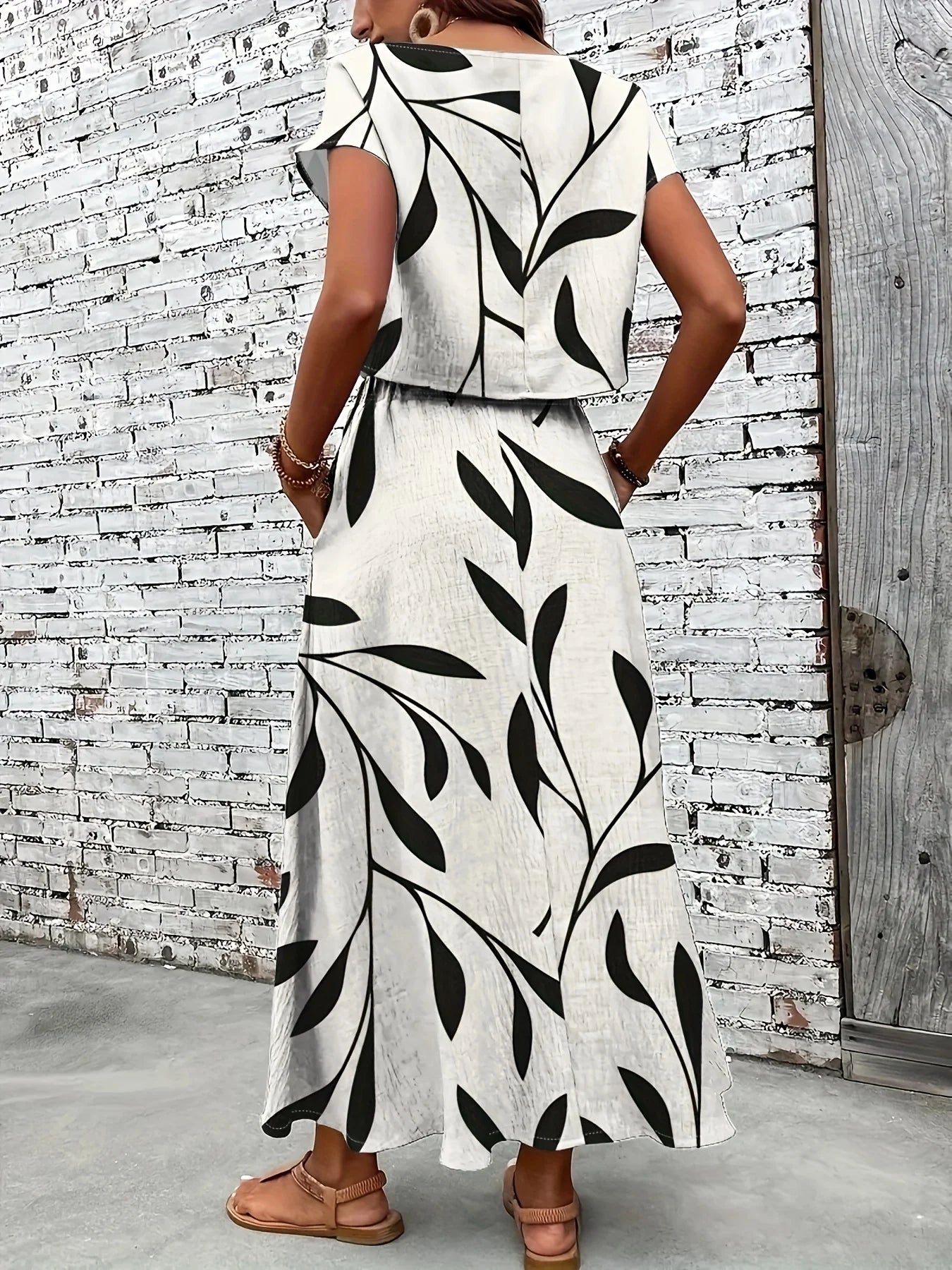 Black Leaf Print Short Sleeve Top + Maxi Skirt 2-Piece Set