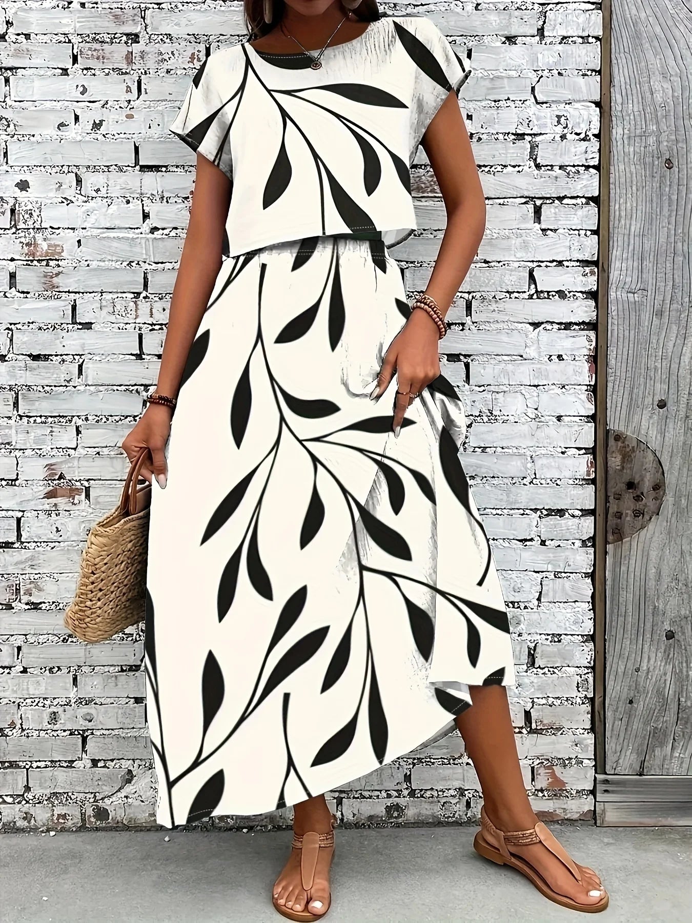 Black Leaf Print Short Sleeve Top + Maxi Skirt 2-Piece Set