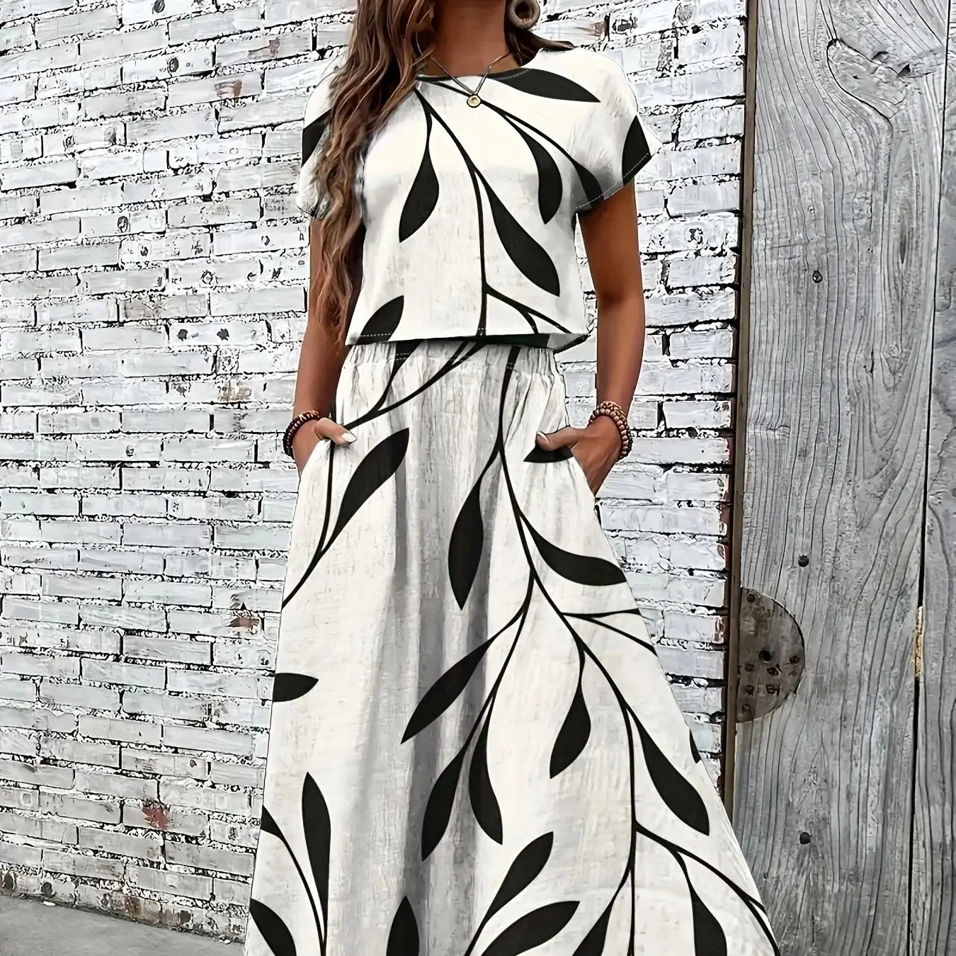 Black Leaf Print Short Sleeve Top + Maxi Skirt 2-Piece Set