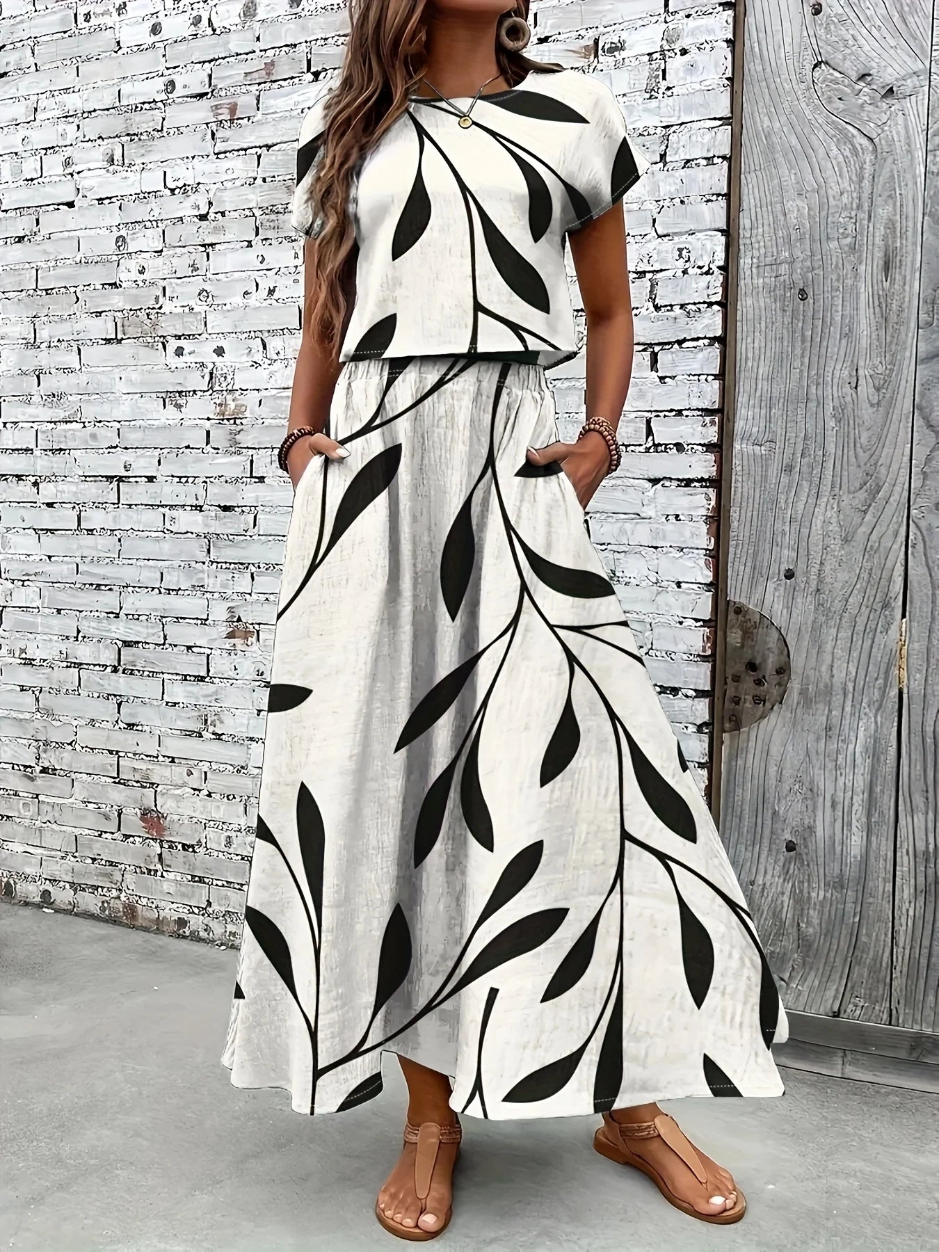 Black Leaf Print Short Sleeve Top + Maxi Skirt 2-Piece Set