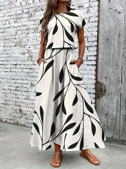 Black Leaf Print Short Sleeve Top + Maxi Skirt 2-Piece Set