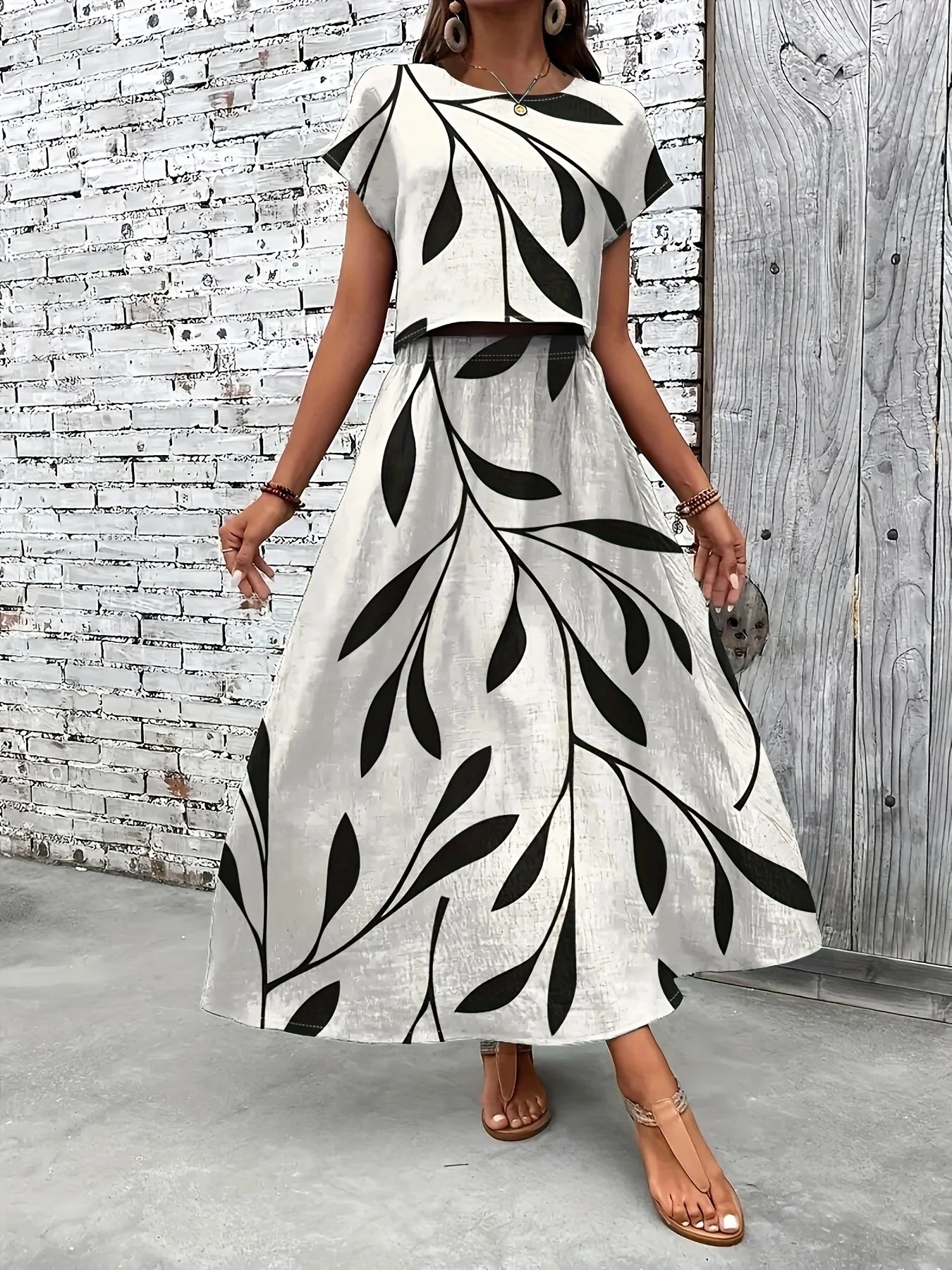 Black Leaf Print Short Sleeve Top + Maxi Skirt 2-Piece Set