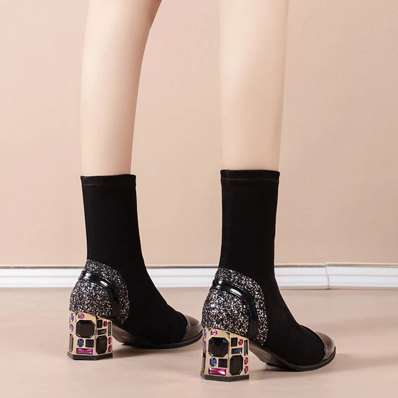 Rhinestone Heel Ankle Sock Boots
